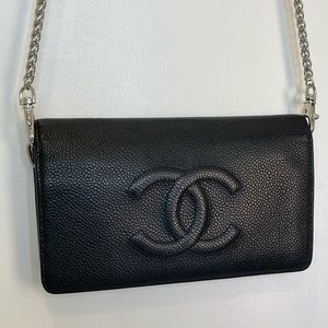 Authentic Chanel Caviar Bi Fold Full Size Wallet with a silver crossbody strap !